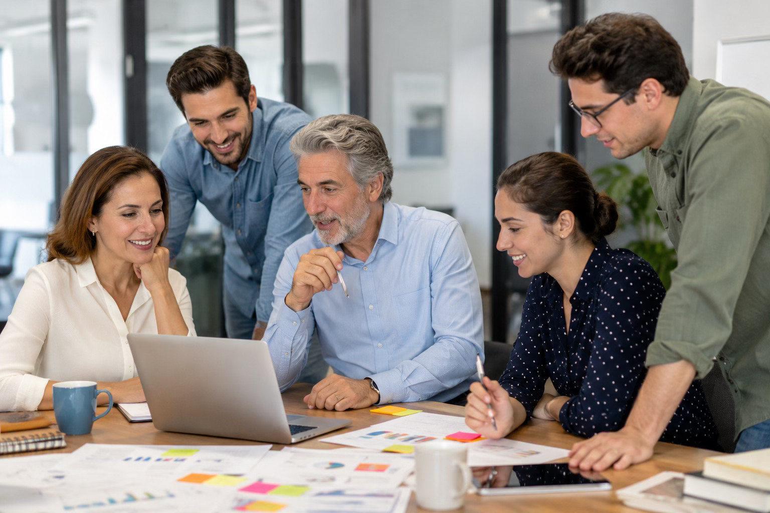 Equipo intergeneracional trabajando junto a un computador